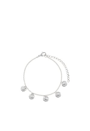 Delicate silver chain bracelet with five small textured round charms and an adjustable clasp closure.