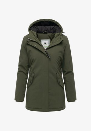 Olivgrüne Winterjacke mit Kapuze, Frontreißverschluss, Druckknopf-Taschen und schwarzem Innenfutter.