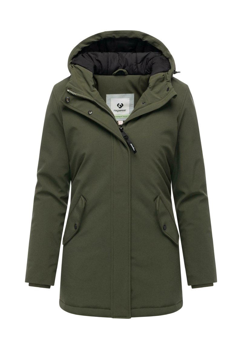 Oliwkowa zimowa kurtka z kapturem, z zamkiem błyskawicznym z przodu, kieszeniami na zatrzask i czarną podszewką.