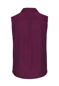 Sleeveless, deep purple blouse with a collared neckline and a relaxed fit. Soft fabric and a slightly curved hem. No visible fastenings.