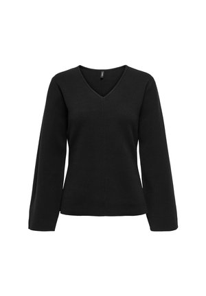 Černý dlouhý rukáv svetr s výstřihem do V a mírně přiléhavým pasem, s jednoduchou hladkou texturou na bílém pozadí.