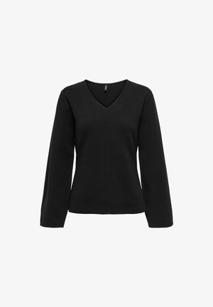 Černý dlouhý rukáv svetr s výstřihem do V a mírně přiléhavým pasem, s jednoduchou hladkou texturou na bílém pozadí.