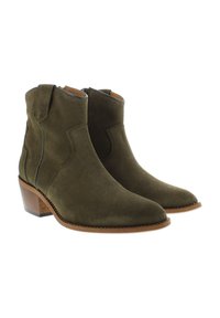 Olive green suede ankle boots with slightly pointed toes, textured upper, low stacked heel, and contrasting stitching along edges.