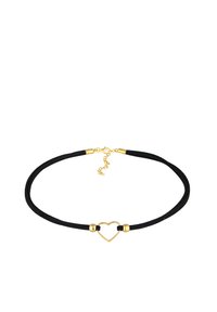 Zwarte suede choker met een gouden hart hangertje. Voorzien van gouden metalen accenten en een kettingverlengstuk voor verstelbare lengte. Soepele textuur.