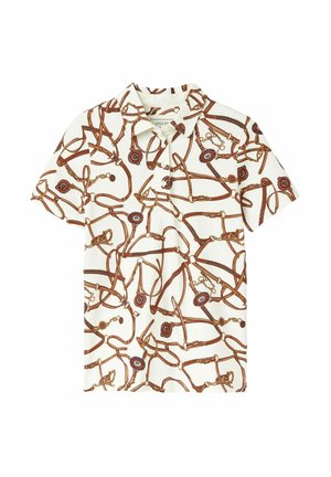 Hemd mit kurzen Ärmeln in Weiß, das mit einem braunen und blauen Reitmotiv verziert ist. Es hat einen klassischen Kragen und eine glatte Textur. Rückansicht gezeigt.