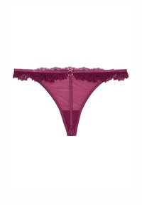 Mauve kantene string met een doorschijnend gaasontwerp, golvende randen en een centrale gouden ringaccent. Glad materiaal met een delicate textuur.