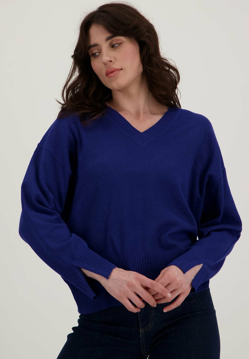 Blauwe V-halstrui met geribbelde rand en manchet, met een ontspannen pasvorm en zijsplitten, weergegeven tegen een neutrale achtergrond.