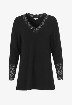 Schwarzes Langarmoberteil mit Spitzenbesatz am Ausschnitt und den Bündchen, im V-Ausschnitt-Design und mit glatter Stoffstruktur.