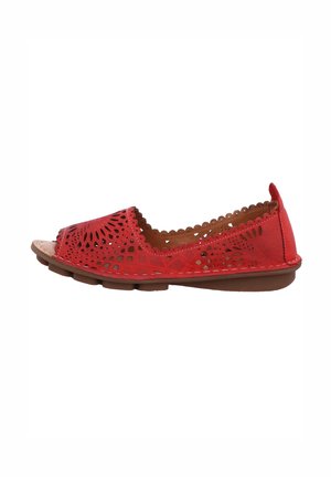 Red synthetic slip-on shoe with cut-out patterns, a brown sole, and scalloped edges. Flat design and open toe.