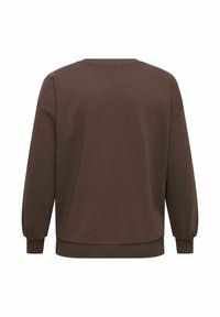 Sweat-shirt à manches longues marron foncé avec poignets, ourlet et encolure côtelés, vu de dos sur un fond blanc uni.