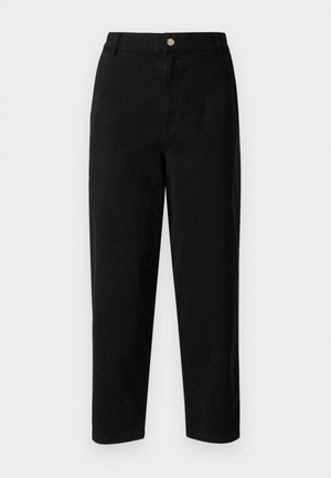 Black cotton trousers with a straight-leg design, featuring a front button closure and belt loops. Smooth texture with no patterns.