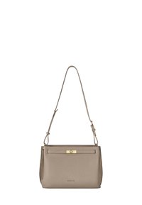 Beige Lederhandtasche mit glatter Textur, goldenen Beschlägen, einem verstellbaren Schulterriemen und einer vorderen Reißverschlusstasche. Rechteckiges Design.