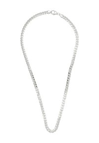 Collana in metallo argento con design a maglia piatta, texture liscia e chiusura sicura. Misura circa 18 pollici di lunghezza.