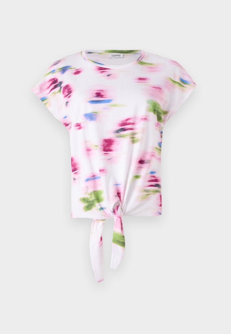 Baumwoll-T-Shirt mit einer Krawattenfront, das ein abstraktes Blumenmuster in Pink, Grün und Blau auf einem weißen Hintergrund zeigt. Legere kurze Ärmel.