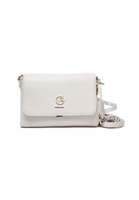 Borsa a tracolla bianca in pelle con hardware dorato, caratterizzata da una chiusura a pattina e una tracolla regolabile con un interno decorato.