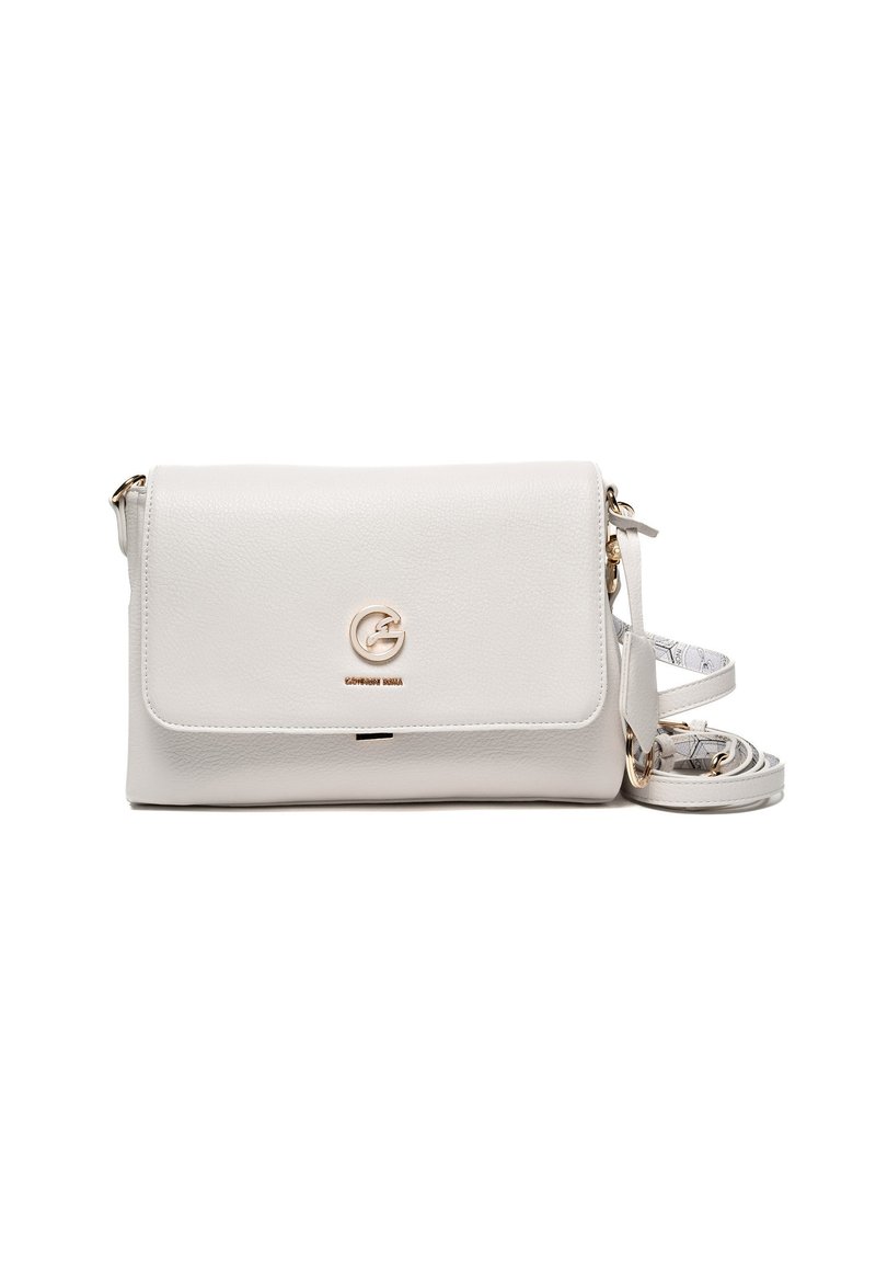 Borsa a tracolla bianca in pelle con hardware dorato, caratterizzata da una chiusura a pattina e una tracolla regolabile con un interno decorato.