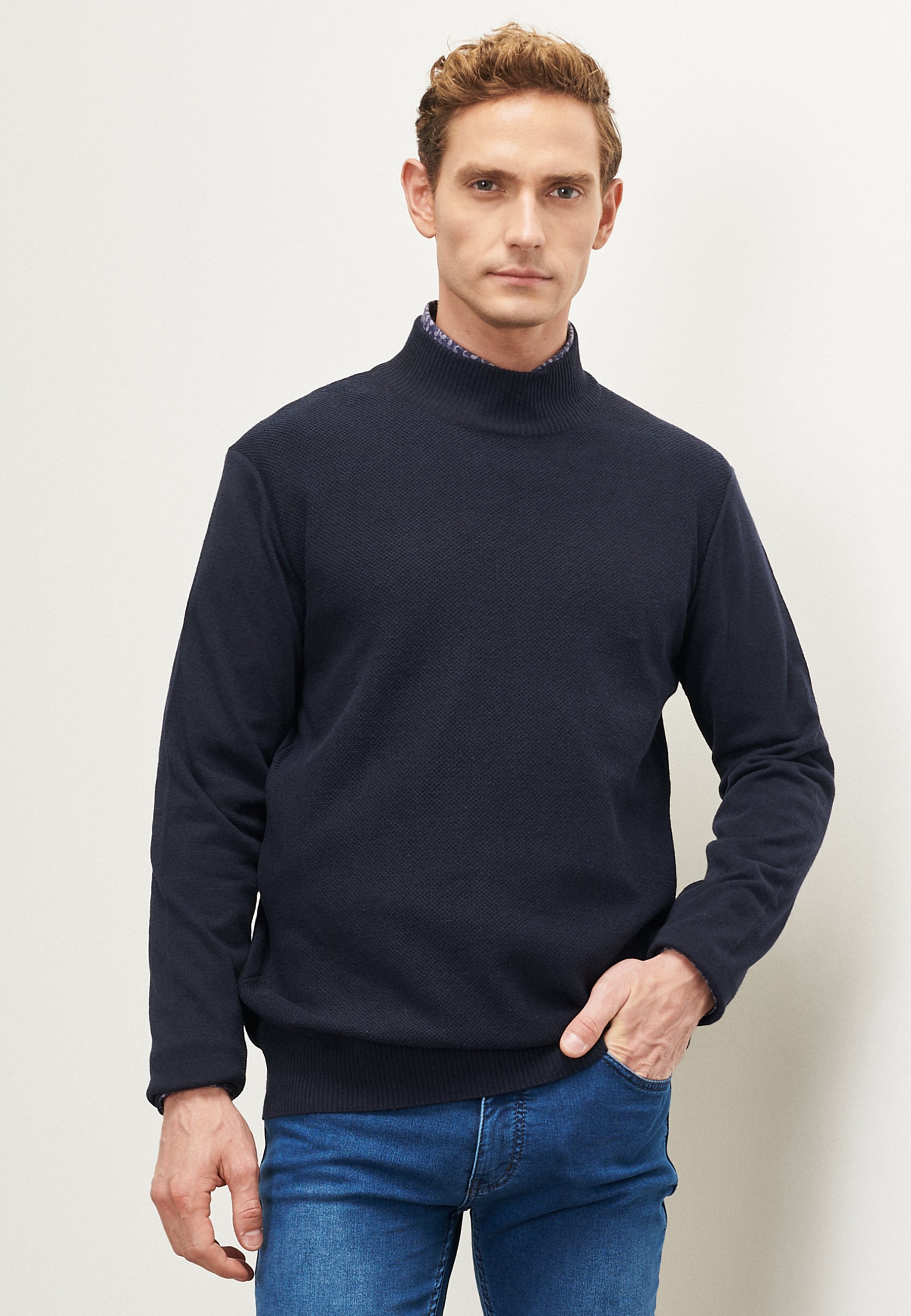 navy blue mock turtleneck sweater