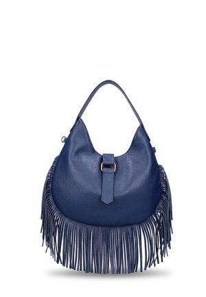 Borsa a mano in pelle blu navy con tracolla singola, dettaglio fibbia frontale e lunga frangia lungo il fondo e i lati.