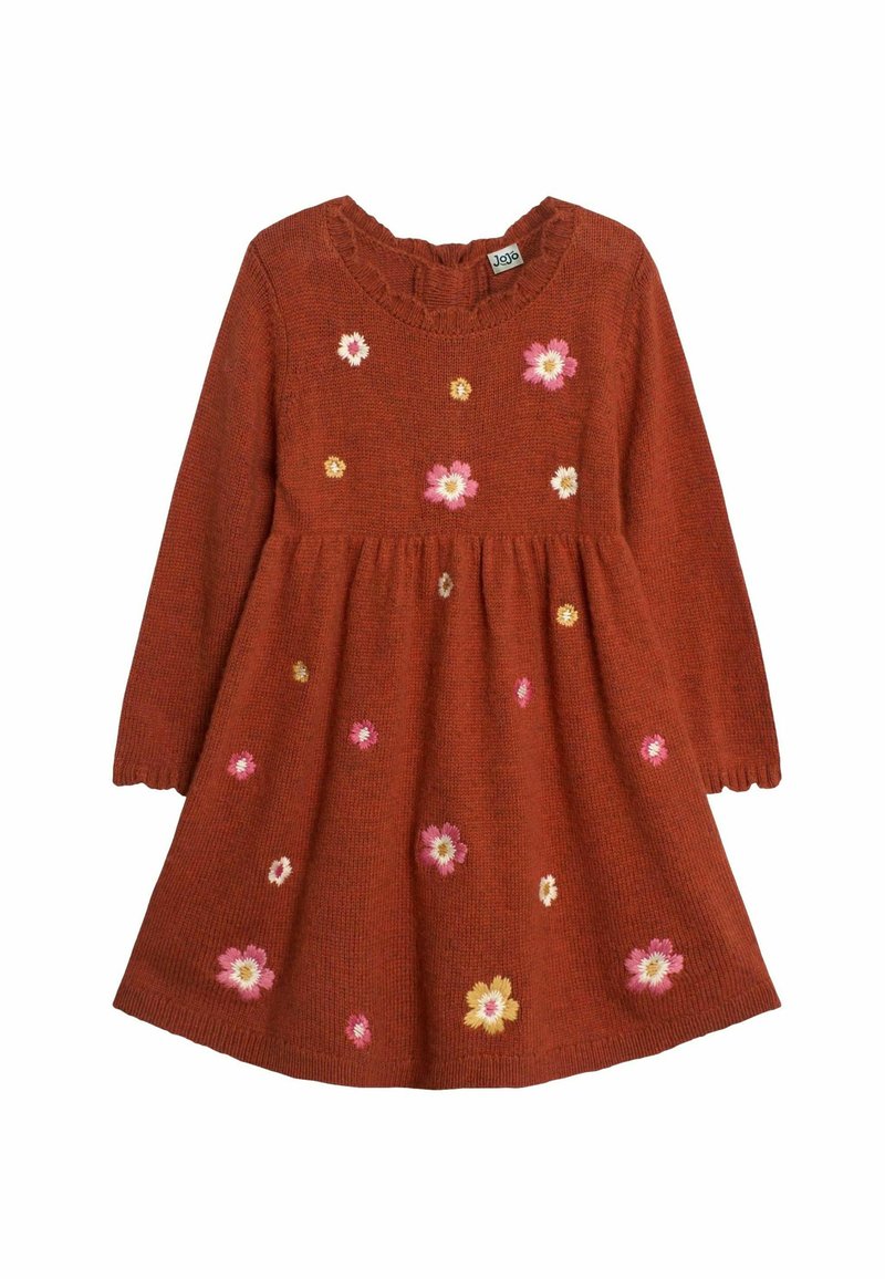 Abito a maniche lunghe di colore ruggine, in materiale lavorato a maglia, con ricami floreali in rosa, bianco e giallo, dotato di una gonna arricciata e scollatura ondulata.