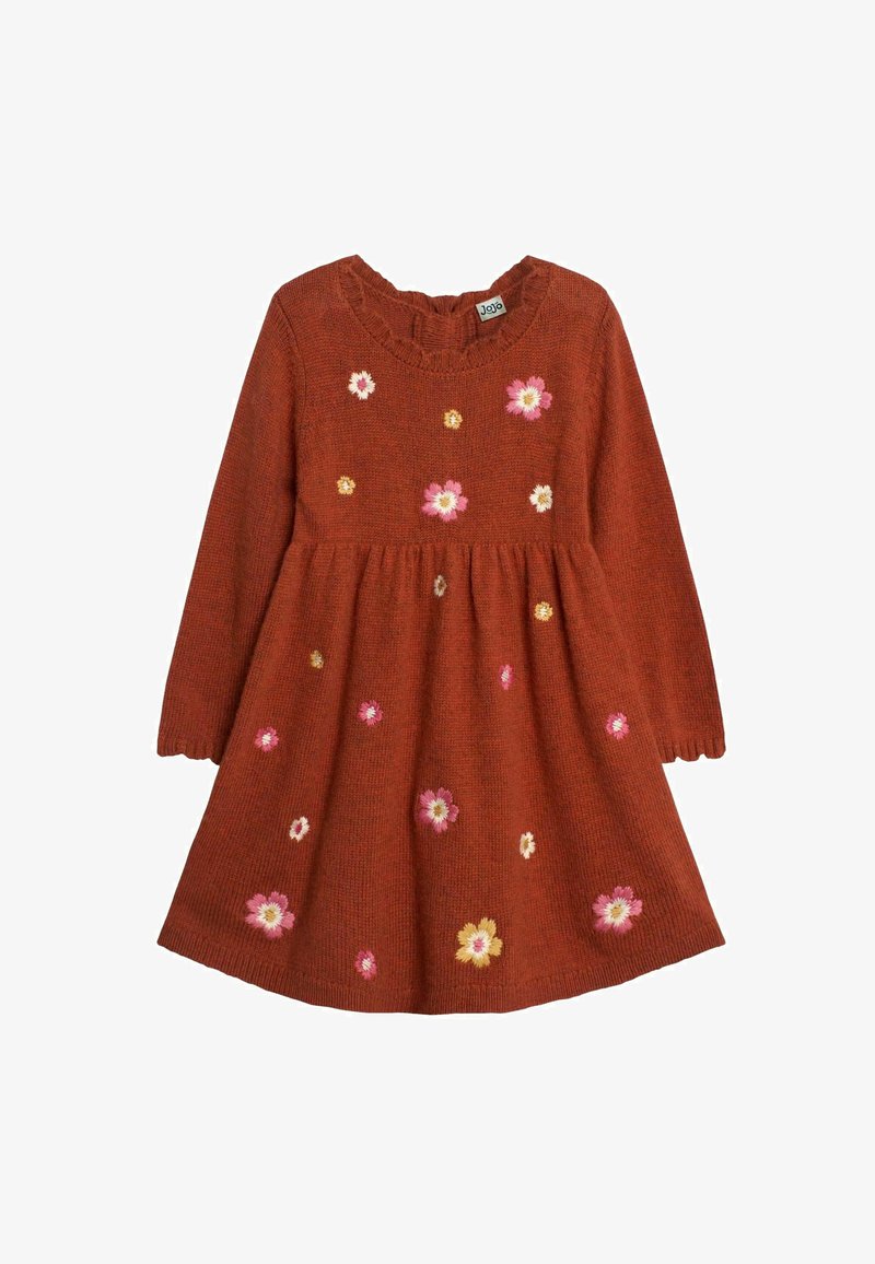 Langärmliges rustfarbenes Kleid aus Strickmaterial, mit floralem Stickerei in Rosa, Weiß und Gelb, einem gerafften Rock und einem gewellten Ausschnitt.