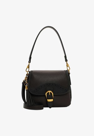 Black leather handbag with a textured finish, decorative cutouts, gold hardware, and a detachable strap. Features a buckle accent on the front.