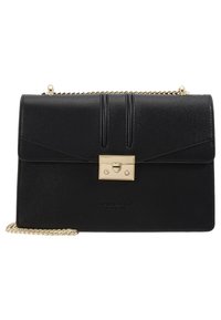 Borsa a tracolla in finta pelle nera con flap pieghevole, dotata di accessori in oro, chiusura a scatto e tracolla a catena.