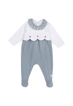 Combinaison à manches longues gris clair avec haut blanc à bord festonné, col brodé et trois accents en forme de cœur rouge. Matière en coton doux.