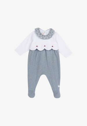 Pagliaccetto a maniche lunghe color grigio chiaro con parte superiore bianca smerlata, colletto ricamato e tre decorazioni a forma di cuore rosso. Materiale in morbido cotone.