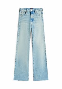 Jeans azzurri a gamba larga con orlo grezzo, realizzati in denim. Presentano un design a cinque tasche e una chiusura a bottone in vita.