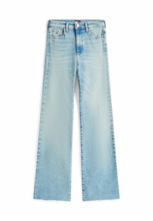 Hellblaue weit geschnittene Jeans mit rohem Saum, aus Denim gefertigt. Verfügt über ein Fünf-Taschen-Design und einen Knopfverschluss an der Taille.