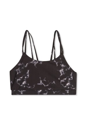 Sostenitore sportivo nero con un motivo marmorizzato in grigio e bianco. Caratterizzato da spalline sottili regolabili e un tessuto liscio e stretch.