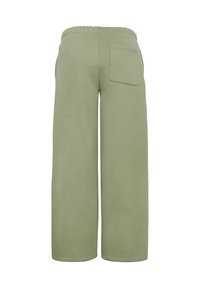 Pantalons larges verts en tissu doux, avec une taille élastique et une poche arrière. Coupe classique et décontractée.