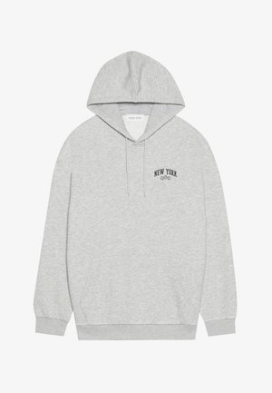 Grey hoodie made of soft fabric, featuring a front pocket and drawstring hood. "NEW YORK" is embroidered on the chest in black.