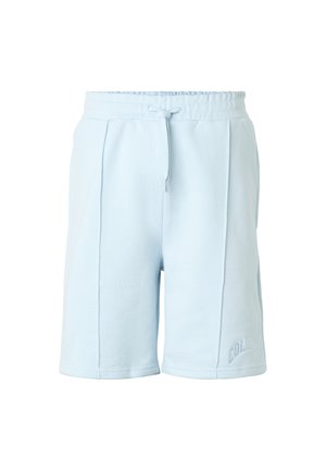 Jasnoniebieskie krótkie spodenki do kolan z elastycznym paskiem w talii, sznurkiem, przednimi przeszyciami i subtelnym logo "COLLUSION" na dolnej lewej nogawce.