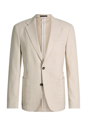 Beżowa męska marynarka na dwa guziki, z wciętymi klapami, przednimi kieszeniami naszywanymi oraz pasiastym, podszewką, pokazana z przodu na białym tle.