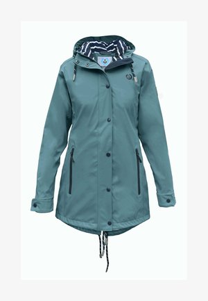 Teal wasserdichte Jacke mit Kapuze, die über ein gestreiftes Innenfutter, vordere Druckknöpfe, seitliche Reißverschlusstaschen und einen Zugbandversteller am Saum verfügt.