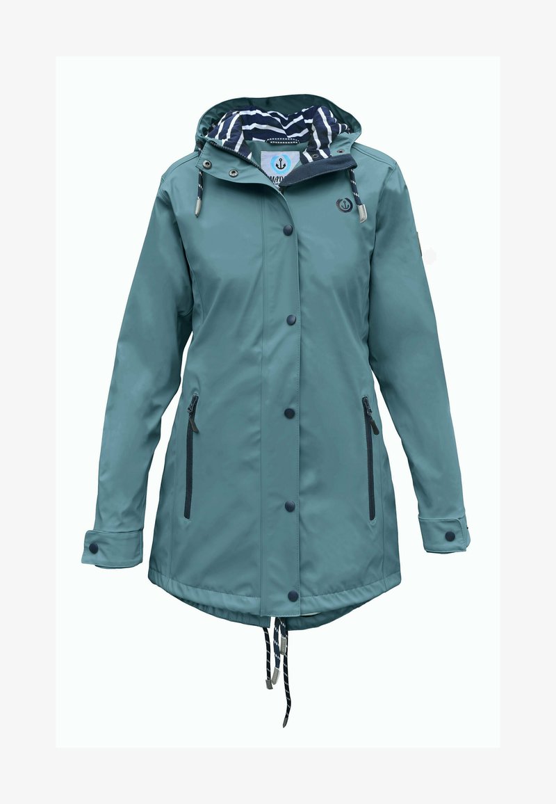 Teal waterproof jacket with a hood, featuring a striped inner lining, front snap buttons, side zip pockets, and drawstring hem adjuster.