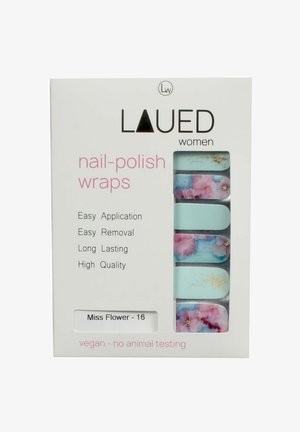 Nagellackfolie in einer weißen Box; mit floralen Mustern in Rosa und Blau, goldenen Akzenten und dem Etikett "Miss Flower - 16."