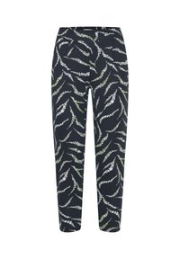 Dark navy trousers featuring a floral pattern with white and green accents. Made of a soft fabric, with a tailored fit and side pockets.