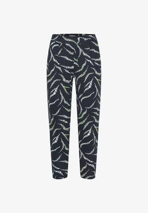 Tumed merehosed, millel on lillemuster koos valgete ja roheliste detailidega. Valmistatud pehmest kangast, kohandatud lõikega ja küljetaskutega.