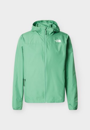 Φωτεινό πράσινο μπουφάν με κουκούλα, εμπρόσθιο φερμουάρ, τσέπες με φερμουάρ στα πλαϊνά, ελαστικά μανσέτες και λευκό λογότυπο "The North Face" στο αριστερό στήθος.