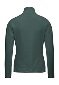 Donkergroene lange mouwen jas met opstaande kraag, achteraan gezien tegen een witte achtergrond.