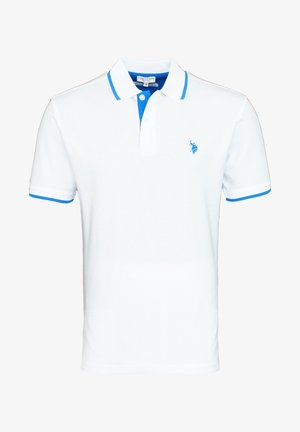 Weißes Polohemd mit blauen Akzenten am Kragen und an den Ärmeln. Verfügt über eine Knopfleiste mit drei Knöpfen und ein kleines Logo auf der linken Brust. Aus Baumwolle gefertigt.