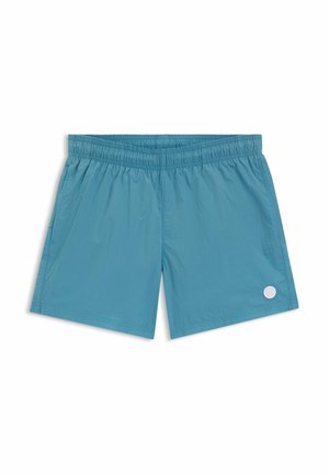 Blaue Herren-Badeshorts mit elastischem Bund und kleinem rundem weißem Logo am unteren linken Bein.