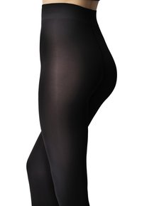 Collant neri e opachi con una texture liscia. La vita è ampia con un logo discreto, offrendo una vestibilità aderente senza cuciture.