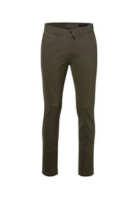 Olijfgroene slim-fit broek van een katoenmix, met een rits en knoopsluiting, zijzakken en een strakke, gladde textuur.