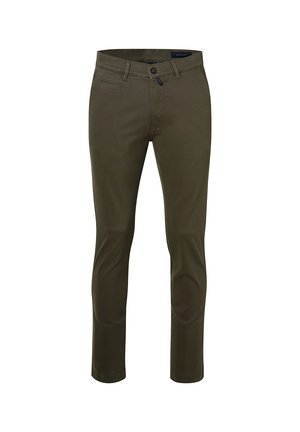 Olijfgroene slim-fit broek van een katoenmix, met een rits en knoopsluiting, zijzakken en een strakke, gladde textuur.