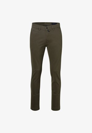 Olijfgroene slim-fit broek van een katoenmix, met een rits en knoopsluiting, zijzakken en een strakke, gladde textuur.