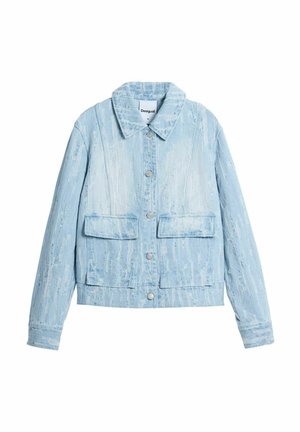 Svijetloplavi traperjakna s ovratnikom, prednjim gumbima, dva džepa na prsima i teksturiranim, izblijedjelim završetkom.