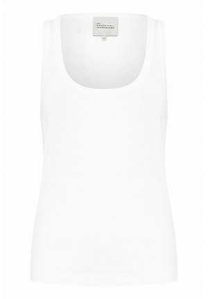 Bela majica na bretele iz mehkega bombaža. Ima širok okrogel izrez in ozke naramnice. Preprost, oprijet kroj brez vzorcev.